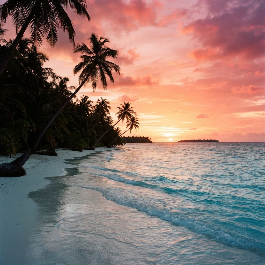 Tropical island beach at golden-hour sunset with silhouetted palm trees